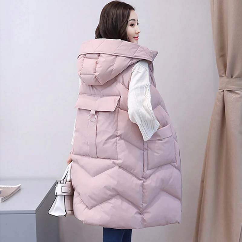 Женский пуховый хлопковый длинный жилет с капюшоном, зимнее пальто в Корейском стиле без рукавов для женщин, осень, женские пальто с большими карманами