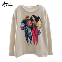 Artsnie cartoon character print women sweatshirt o neck long sleeve oversized hoodies winter knitted sweatshirts female