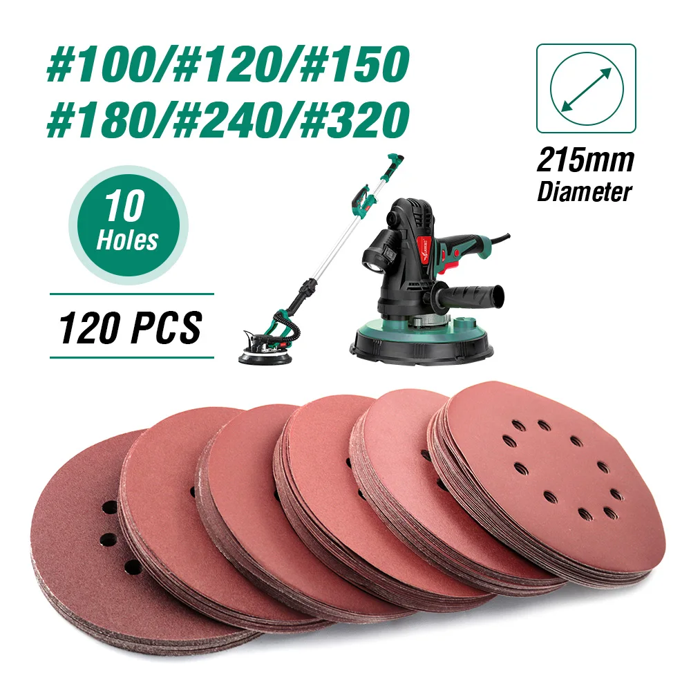 215mm 120pcs 10HOLES LANNERET наждачная бумага 180 мм/215 мм отверстия шлифовальная бумага 100-320грит Электрический Гипсокартон Шлифовальный Станок полировщик оксид алюминия крюк и петля - Цвет: 215mm 120pcs 10HOLES