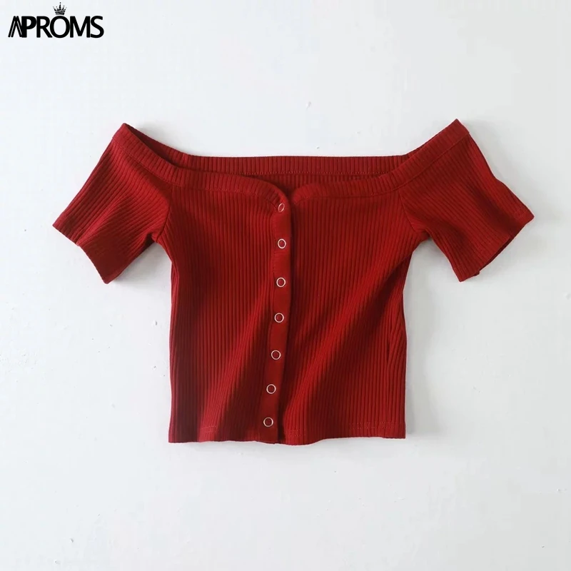 Aproms, элегантный однотонный облегающий укороченный топ с открытыми плечами, женский сексуальный ребристый укороченный топ на бретелях, женская уличная одежда, черные базовые футболки - Цвет: Wine Red