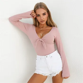 

Women Long Sleeve Bodysuit V Neck Lace up Solid Playsuit Casual Hip Hop Streetwear Vintage Rompers Female Jumpsuit