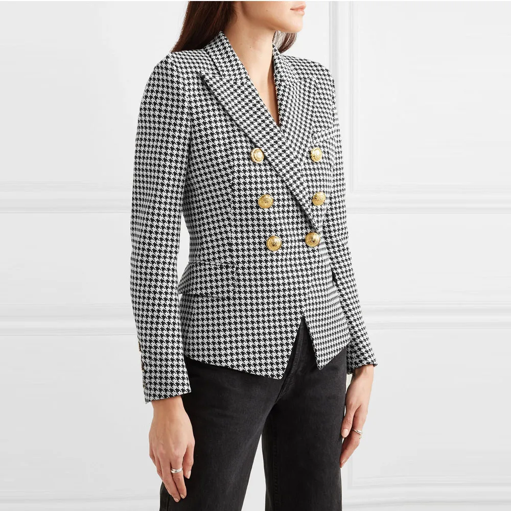 

Good Quality New Fashion 2020 Design Blazer Femme Jacket Women's Houndstooth Lion Buttons Double Breasted Blazer Outerwear