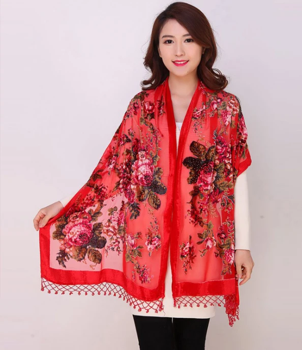 Silk Velvet Scarf Shawl Chinese National Women Rectangle Pashmina Poncho Handmade Beaded Flower Cape Mujeres Bufand 011207