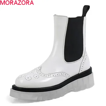 

MORAZORA 2020 Genuine leather boots square heels round toe Chelsea boots autumn winter fashion ankle boots women black white