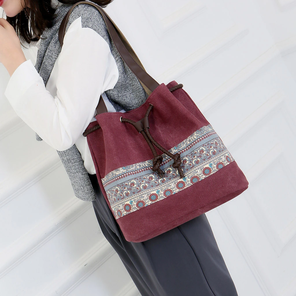 Style Canvas Handbags Women Drawstring Bucket Bag Lady Cheap Shoulder Single Shoulder Shopping Bags Floral Printed Beach Bag 820