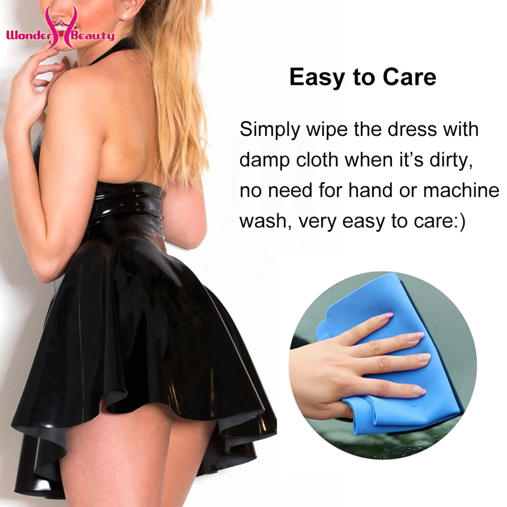 Women Halter A-line Wetlook PVC Dress Latex Leather Sleeveless V Neck Backless Skater Mini Dress Clubwear Vestidos (4)