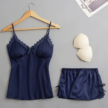 

Women's Summer Shorts Suit Korean Vversion With Chest Pad Sexy V-neck Sling Pajamas Female Summer Two-Piece Thin Home Suspender