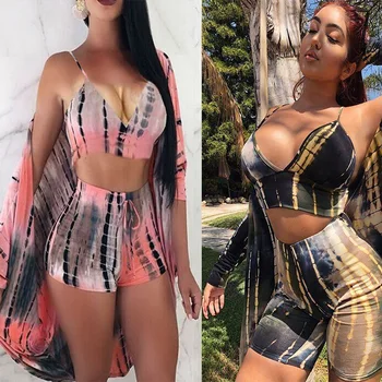 

Women Fashion Three Piece Set Summer Sexy Print Sleeveless Crop Tops + Shorts Pants Suits Fashion Female Coat Two Piece Set