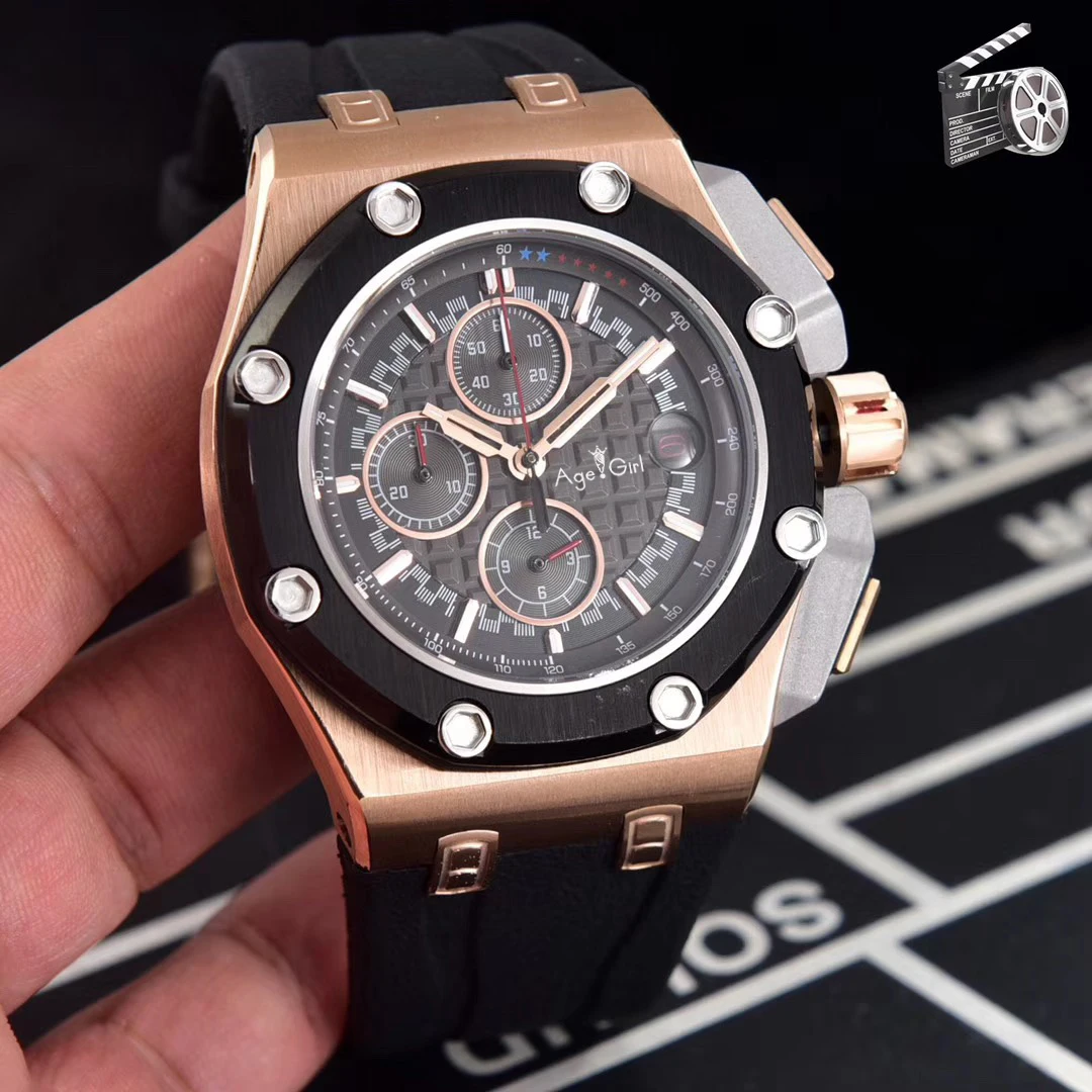  Famous Brand Men Stopwatch Sapphire Oaks Rose Gold Black Blue Rubber Chronograph Stainless Steel Wa