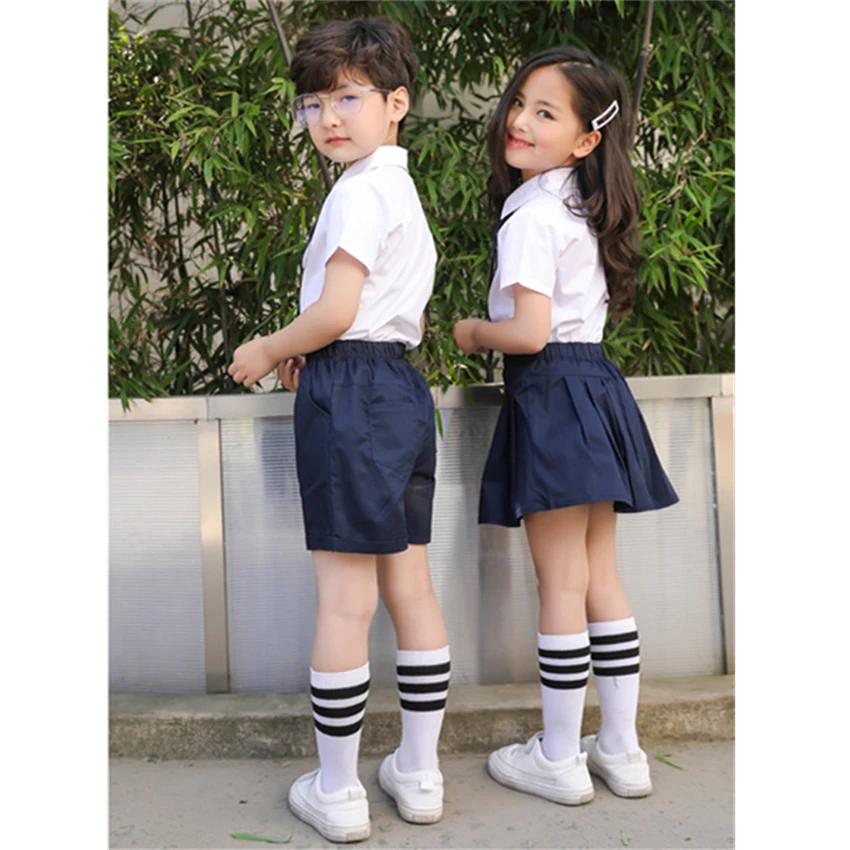 Новое поступление, детская модная школьная форма, летние хлопковые корейские Студенческие Костюмы для хора мальчиков и девочек, темно-синие костюмы JK