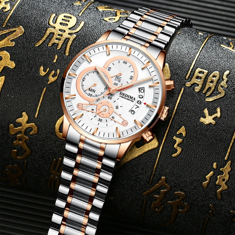 DEDIMA  Fashion Mens Watches Top Brand Luxury Wrist Watch Quartz Clock Gold Watch Men Waterproof Chronograph Relogio Masculino