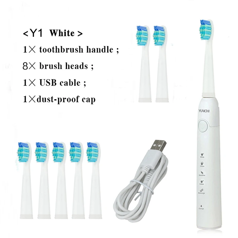 Звуковая электрическая зубная щетка для взрослых, перезаряжаемая электрическая зубная щетка, умный таймер, отбеливающая щетка для зубов, Массажная резинка, полностью водонепроницаемая - Цвет: Y1 White 8 Heads