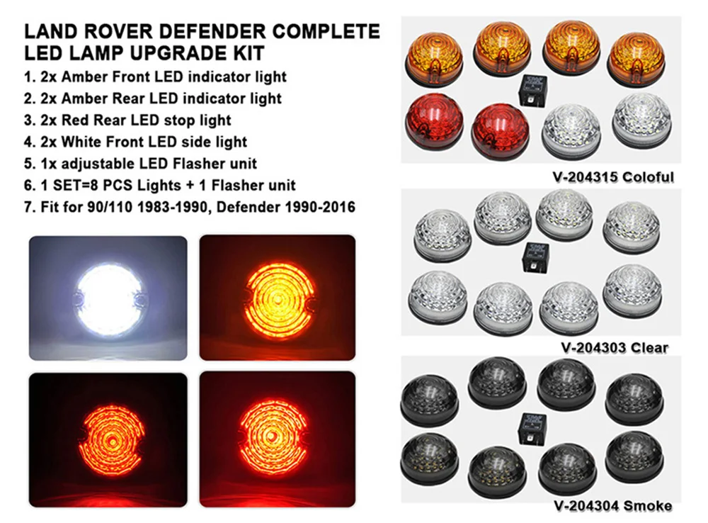 8 шт. дымчатые линзы для Land Rover Defender 90 110 1983-полный светодиодный комплект для обновления лампы 73 мм