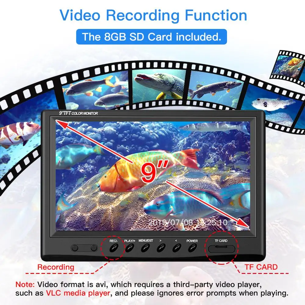 Eyoyo подводная рыболовная камера видео эхолот 8GB DVR 9 дюймов 1000TVL 360 ° горизонтальная камера с панорамированием 18 инфракрасных ИК-ламп