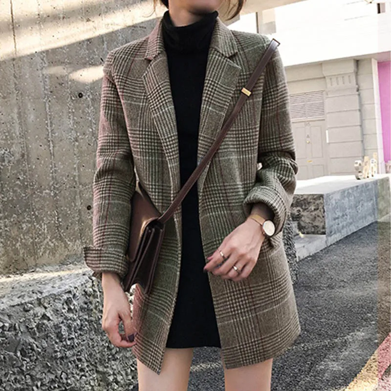 Зимняя шерстяная куртка, пальто, осенняя Женская Корейская верхняя одежда, плотное шерстяное пальто в клетку, женское