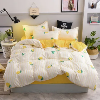 

White and Yellow Strawberry 4PCS bed set cartoon quilt cover AB side fashion modern bedding set kids cute bedroom bedlinen
