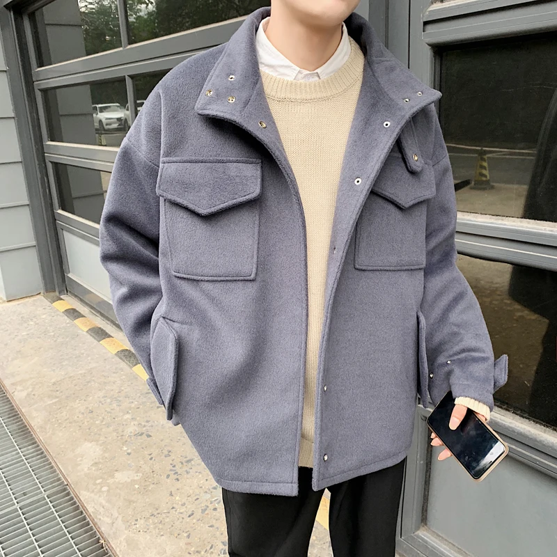 Autumn/winter new style retro thick solid color coat coat loose casual lapel fashion personality youth men's wear