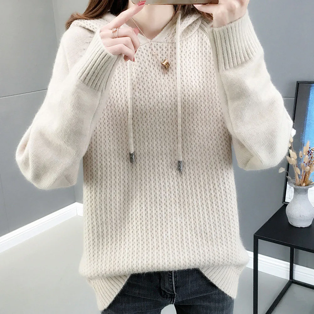 

2020 Hoodies Women New Knit Solid Color Fashion Slim Loose Female Bottoming Sweatshirt Casual Simple Autumn Winter Elegent