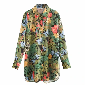 

New 2020 women tropical flower leaves and birds print casual loose smock blouse female long sleeve shirt chic blusas tops LS6609