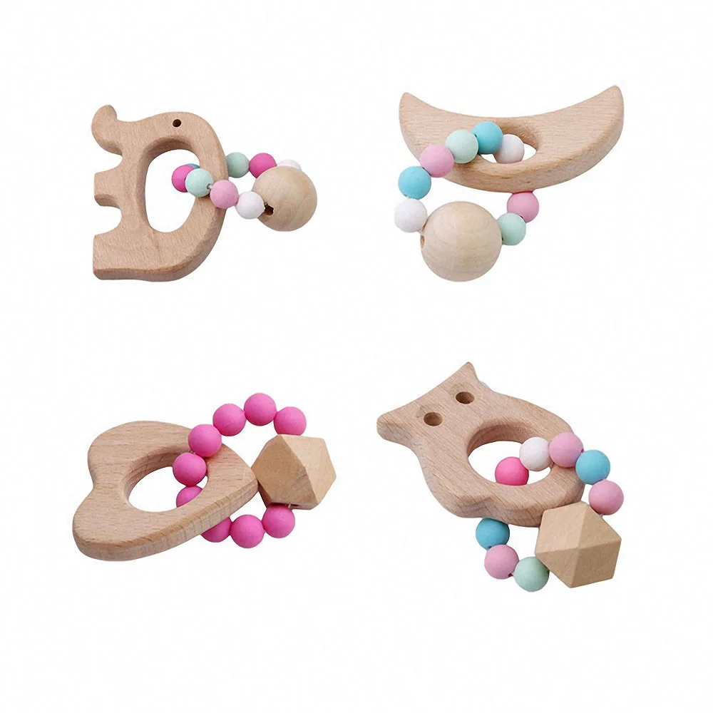 

1pc Wooden Teether Ring Baby Bracelet Teething Toys Animal Shaped Jewelry Chew Bite Newborn Teeth Care Wood Beads Baby Products