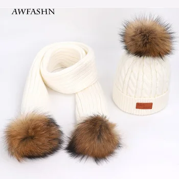 

Cute Children's knitted hat Scarf 2 Pieces Set Bonnet winter hat child Boy/Girl Pompom Soft Cap Scarves Beanies Thicken Baby Kid