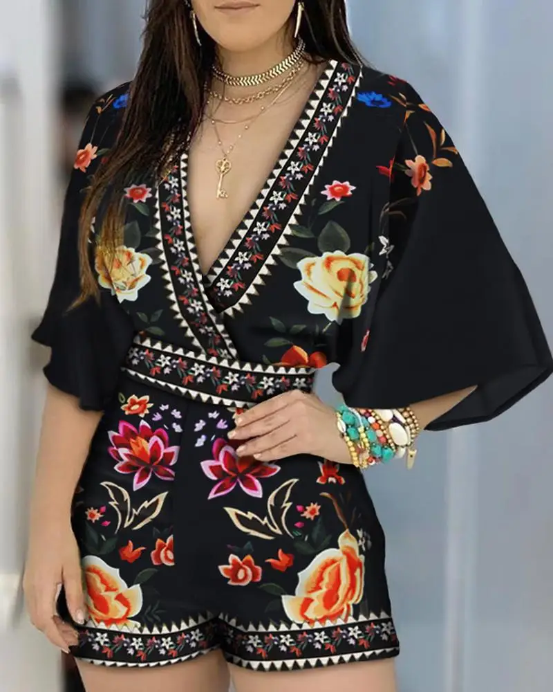 Cutubly Retro Print Sexy Jumpsuit Deep V Neck Jumpsuits For Women Floral Half Sleeve