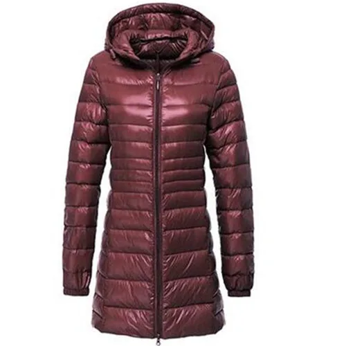 Бургундия S~ 6XL осенне-зимняя женская куртка на белом утином пуху, тонкие парки, Дамское пальто, длинное пальто с капюшоном размера плюс, ультра светильник, верхняя одежда RH1056 - Цвет: Бургундия