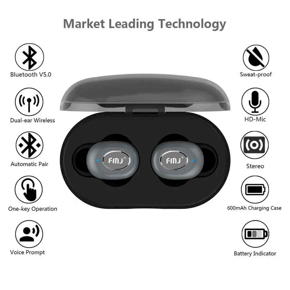 FMJ TWS Bluetooth Headset V5.0 Double Wheat Call In-Ear Sports Headset IPX5 Waterproof Mini Stereo Headset 600 mAh Charging Box