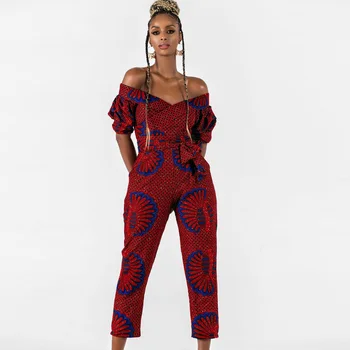 

Fashion Party Ladies Clothes African Dresses for Women Dashiki Print Trousers Jumpsuit Off Shoulder Short Sleeve Ankara Vestidos