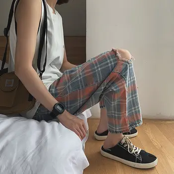 

Men's trousers 2020 spring new slim-cut plaid print holes nine minutes long trousers loose casual personality youth men's wear
