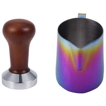 

Milk Jug Stainless Steel Frothing Pitcher Pull Flower Cup 350Ml & Coffee Tamper Wooden Handle Barista Espresso 51mm