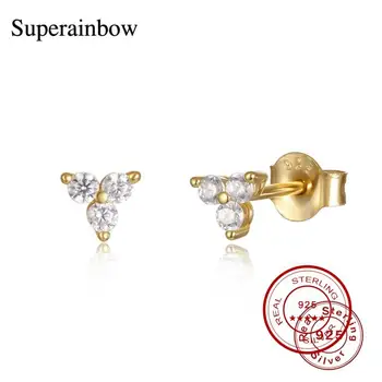 

SUPERAINBOW 925 Sterling Silver Lucky Stud Earring for Women Cubic Zircon Classical Style Gold Ear Jewelry Gifts SR-E212