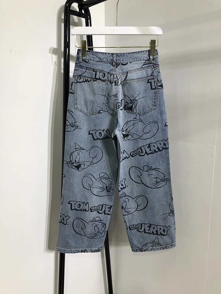 FREE SHIPPING Korean Jeans Cat And Mouse Print JKP4382