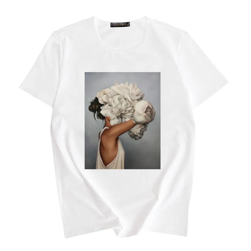 

YYFS 2019 New Cotton Harajuku Aesthetic Tshirts Sexy Flowers Feather Print Short Sleeve Tops Tees Fashion Casual Couple T Shirt