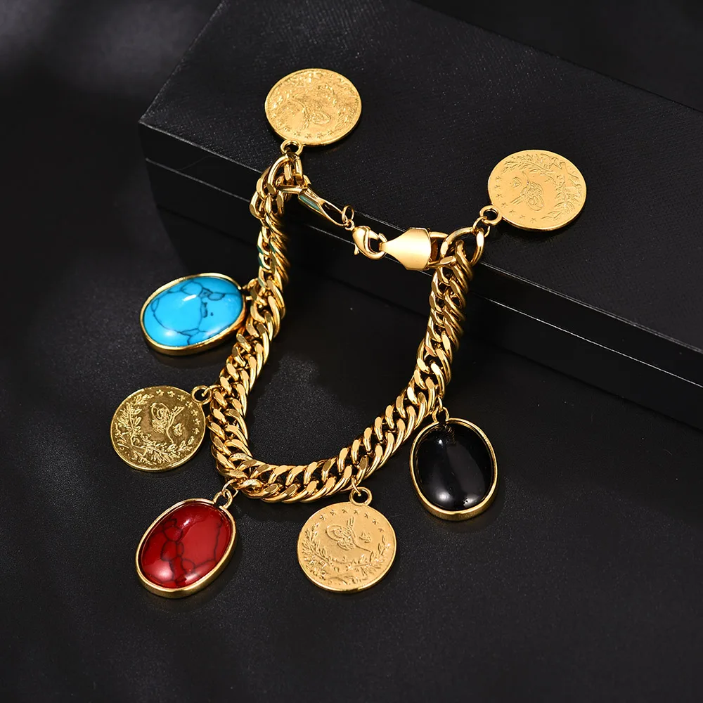 Length 22.5CM/Turkey Coin Bracelet for Women Gold Color Turks Simgesi Osmanli Turasi Muslim Islam Bangle Arab Allah Jewelry