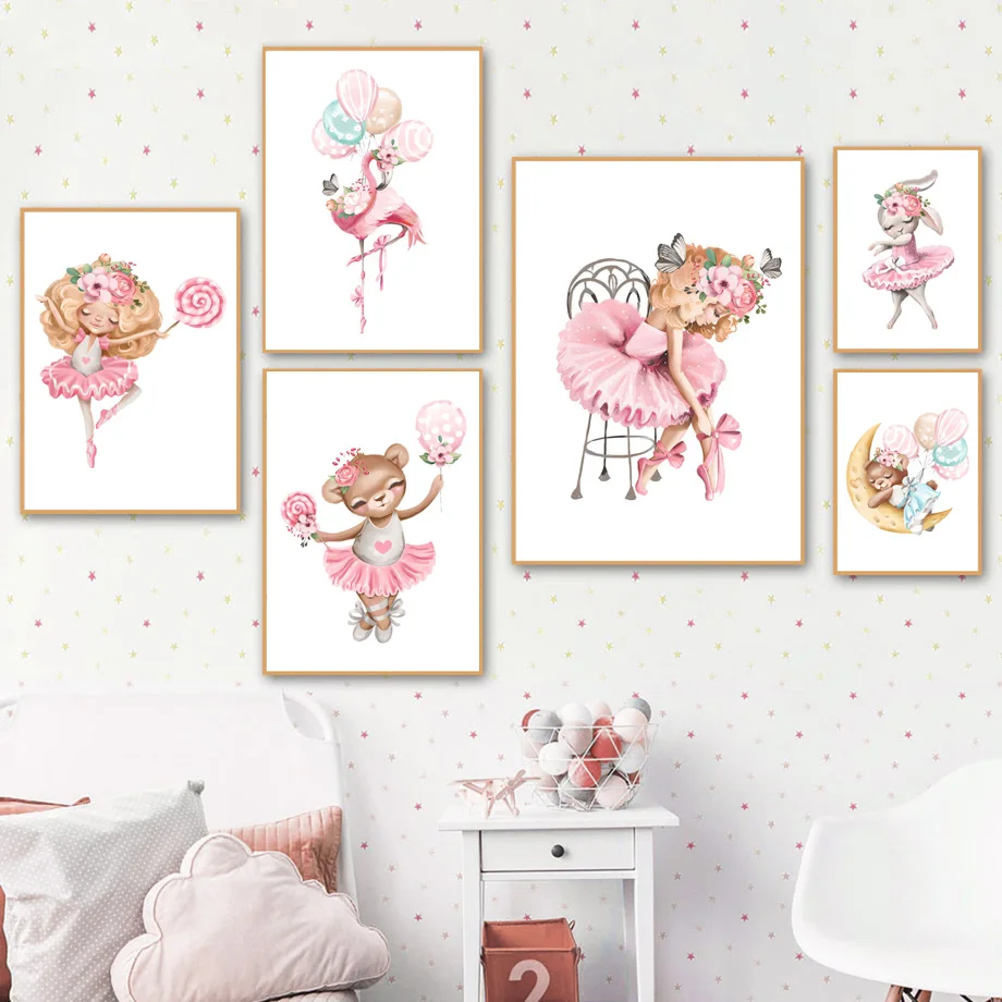 Pink Girl Bear Flamingo Rabbit Cat Balloon Wall Art Canvas Painting Nordic Posters And Prints Pictures Baby Kids Room Decor | Дом и сад
