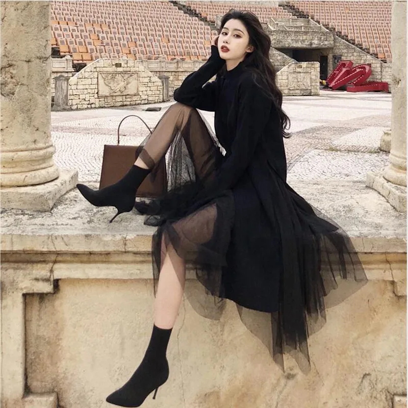 

Hepburn Retro Black Sweater Sets Fashion Design Split Long Knitted Pullover Tops+ irregular Mesh Skirt 2 Piece Fall Winter Sets