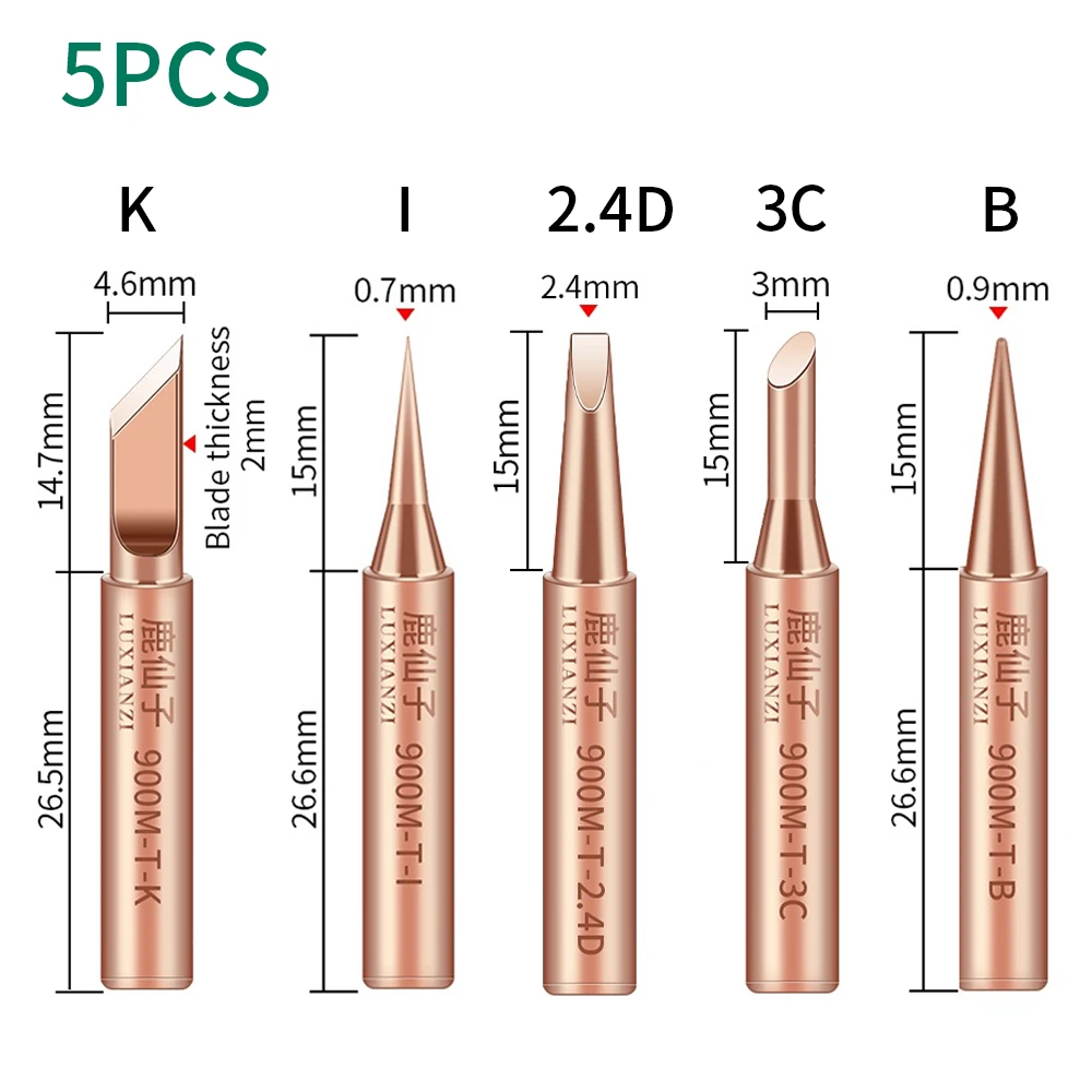 LUXIANZI 5PC 900M Soldering Iron Head Set I/B/K/2.4D/3C Copper Weding Tip For Solder Station Lead-free Electric Solder iron Tips soldering irons & stations Welding Equipment