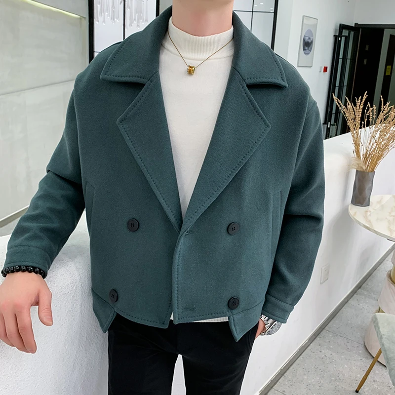

2019 winter men's fashion short slip shoulder loose casual woolen coat men's solid color double-breasted suit collar wool coat