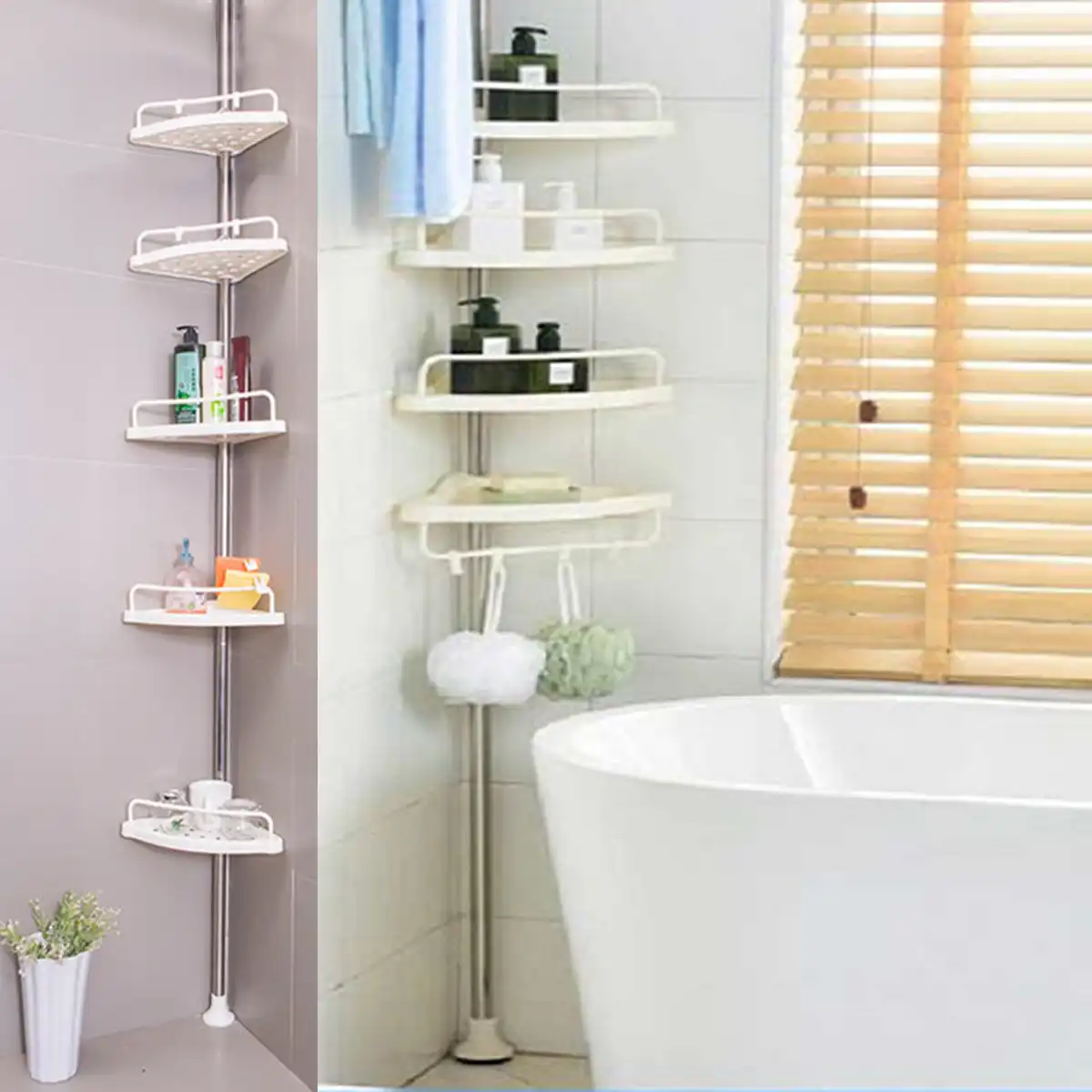5 Tier Telescopic Bathroom Corner Shelf Rack+Stainless Steel Bar Shower