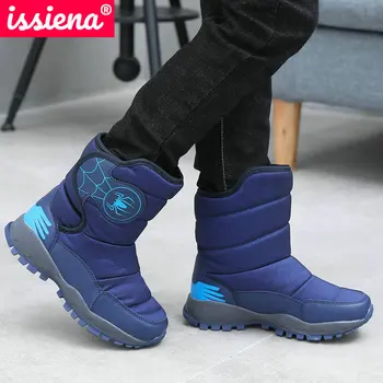 

ISSIENA 2021 Rubber Boots Black Children Hook&Loop Boys Girls Waterproof Plush Snow Boots Round Toe Plush Shoes Size 32-37