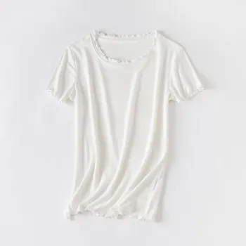 

2020 new spring and summer thread-free solid color lace round neck T-shirt slim bottoming shirt white