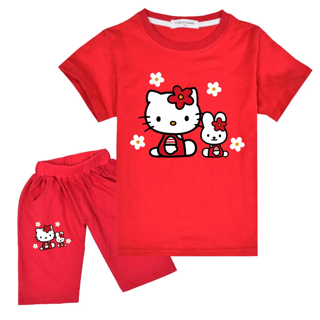 thumbnail image 1 of Traje de Hello Kitty para niños, Top con estampado de dibujos animados bonitos para niñas + Pantalones cortos, conjunto de dos piezas, camiseta de manga corta para niños + Pantalones deportivos para n, 1 of 5