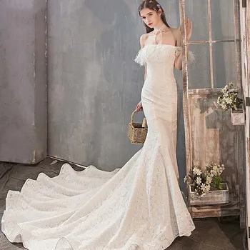 

Luxury Sexy Style Boat Neck Backless Mermaid Wedding Dress White Dream Train Party Beach Bridal Dress