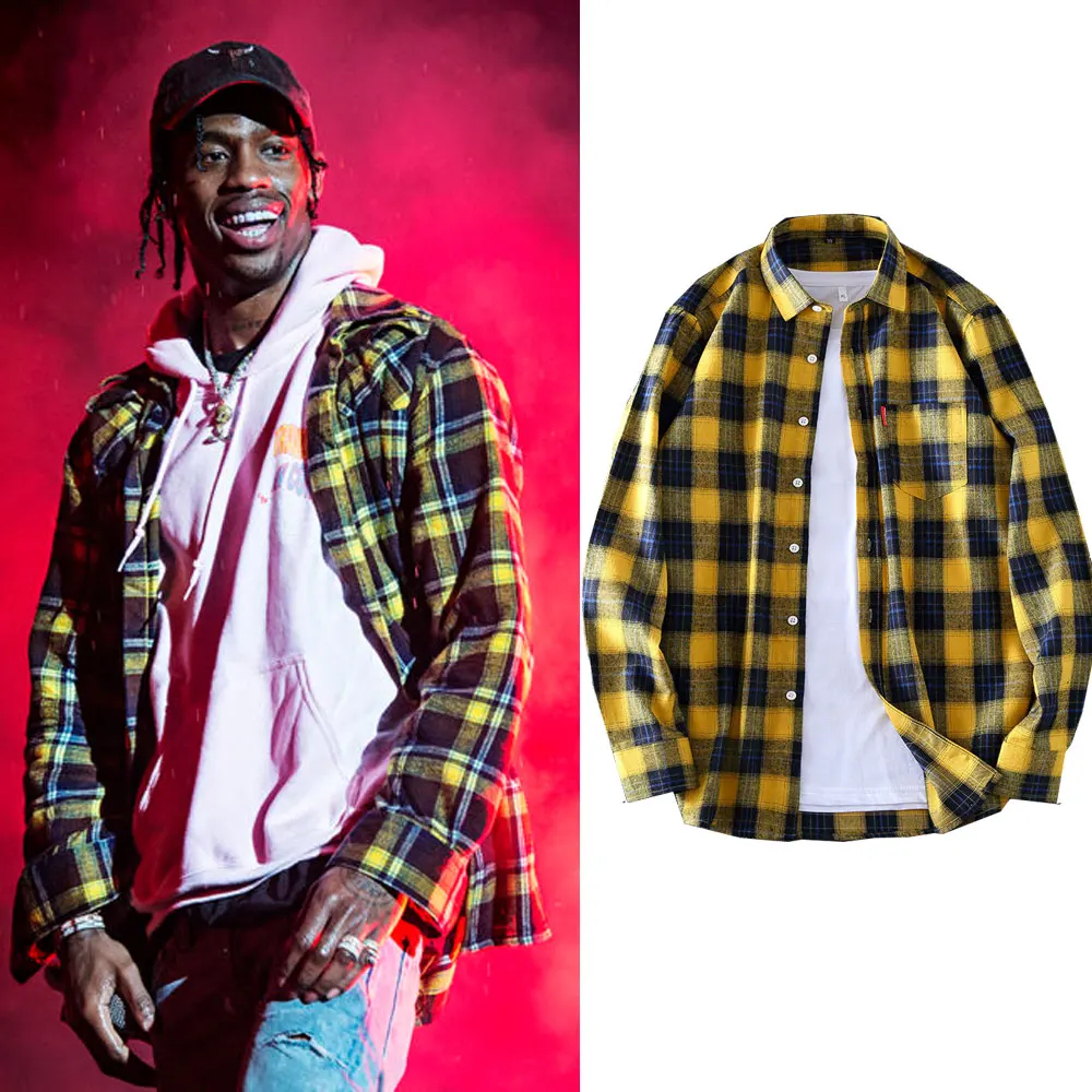 

Travis Scott Astroworld Same Paragraph Men 's Loose Plaid Shirt Casual Jacket Shirt Long Sleeve Shirt Spring Autumn Male Shirt