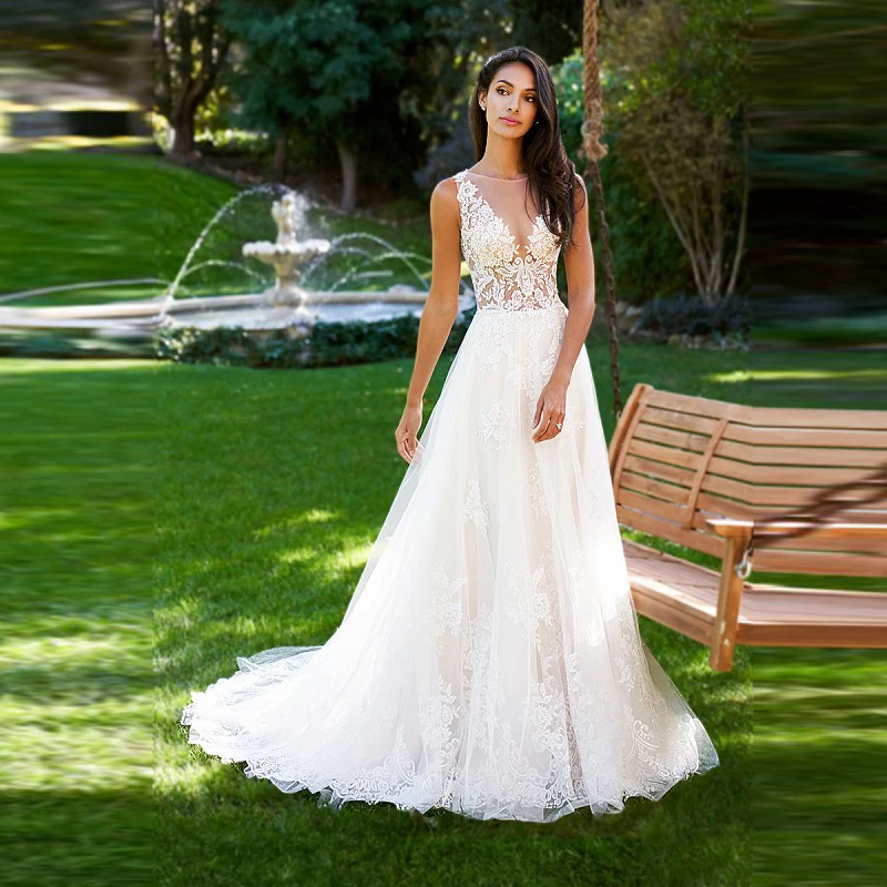 

Graceful Hot Sale A Line Lace Sleeveless Bride Wedding Dresses Illusion Bateau Neck Appliqued Bridal Gowns Sheer Back Wholesale