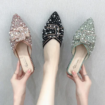 

Slippers Women Summer Low Luxury Slides Shoes Lady Pantofle Square heel String Bead Cover Toe Designer Girl 2020 Block Hoof