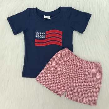 

2020 July 4th Baby Boys Independence Day Wear Natinal Flag Embroidery Cotton Shirts Seersucker Shorts Toddler Kids Clothes Sets