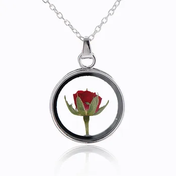

New Gold Round Glass Pendant Necklace Women Creative Dried Rose Flower Jewelry Long Necklace Creativity Chain Necklaces Choker