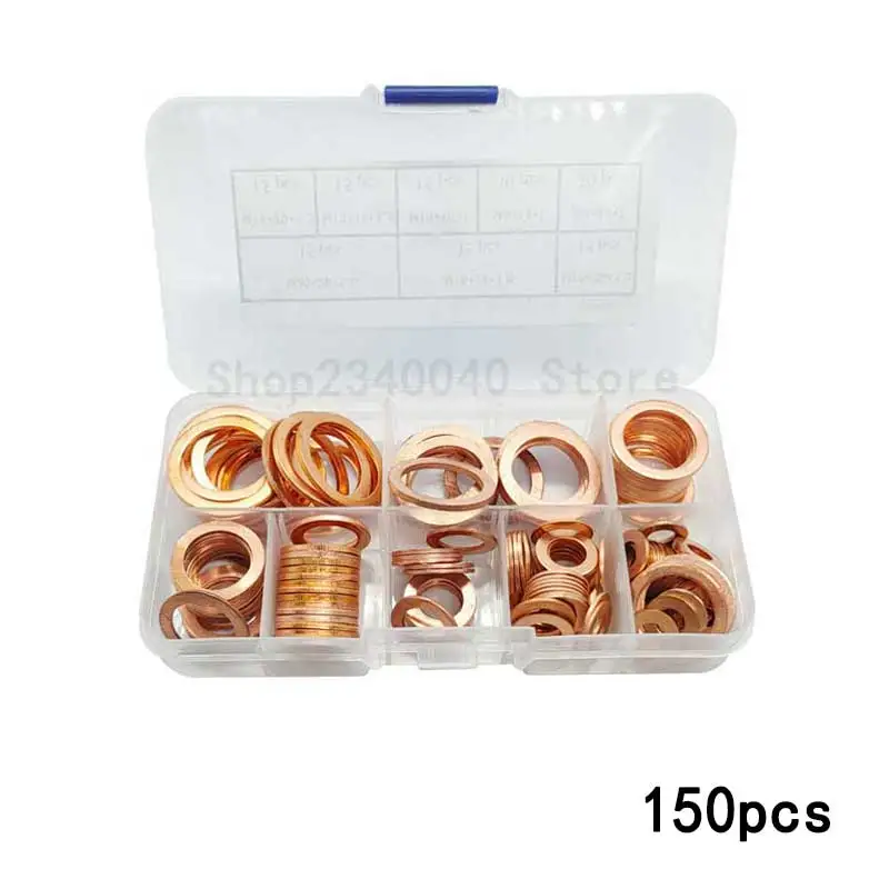 

Набор медных шайб 150 шт./компл. Набор уплотнений в ассортименте, набор плоских колец уплотнения M6 M8 M10 M12 M14 M16 M18 M20 для пробок для слива воды